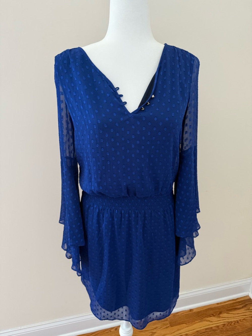 White House Black Market Royal Blue Swiss Dot V-Neck Long Sleeve Dress